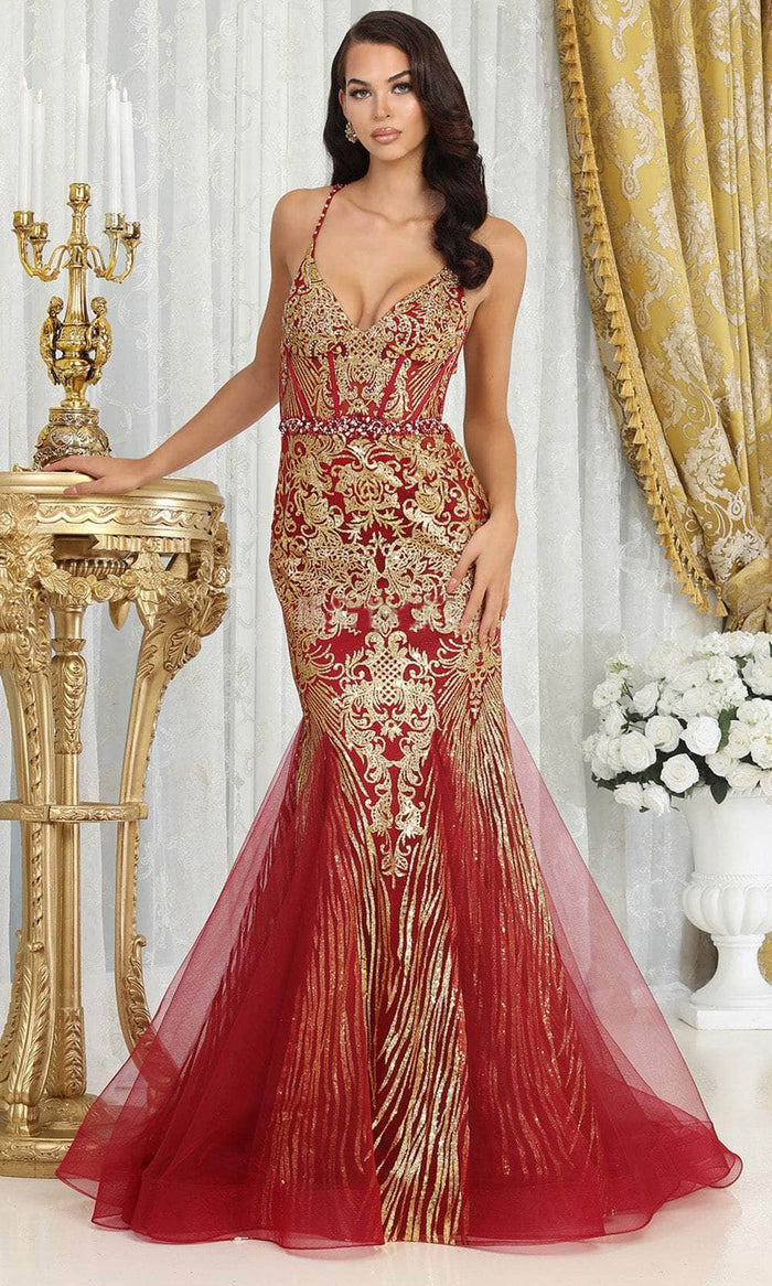 May Queen RQ8079 - V-Neck Sexy Strappy Back Prom Gown Evening Dresses 4 / Burg/Gold