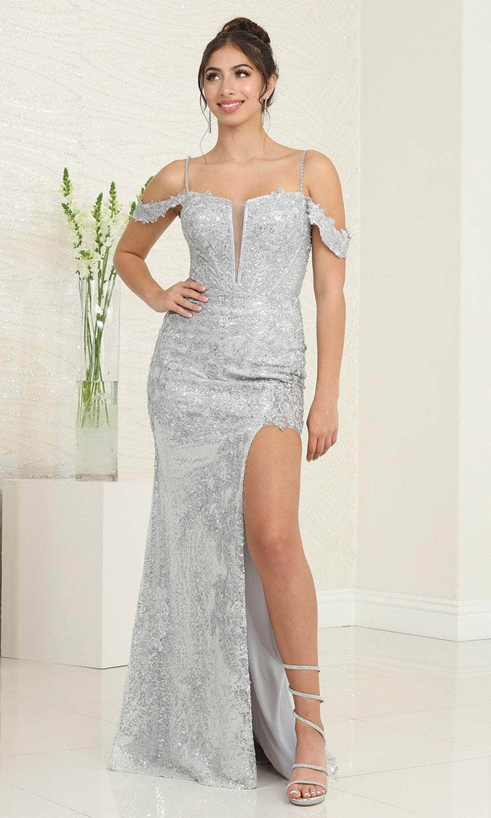 May Queen RQ8084 - Sequin Lace Cold Shoulder Prom Gown Evening Dresses 4 / Silver