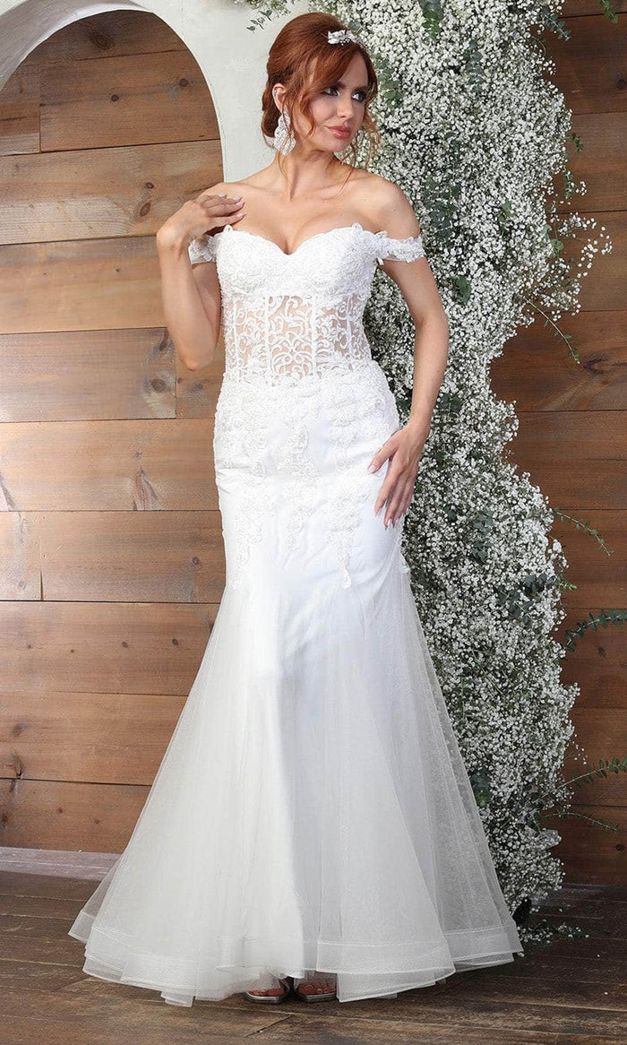 May Queen RQ8086 - Off Shoulder Lace Appliqued Evening Gown Wedding Dresses 4 / Ivory