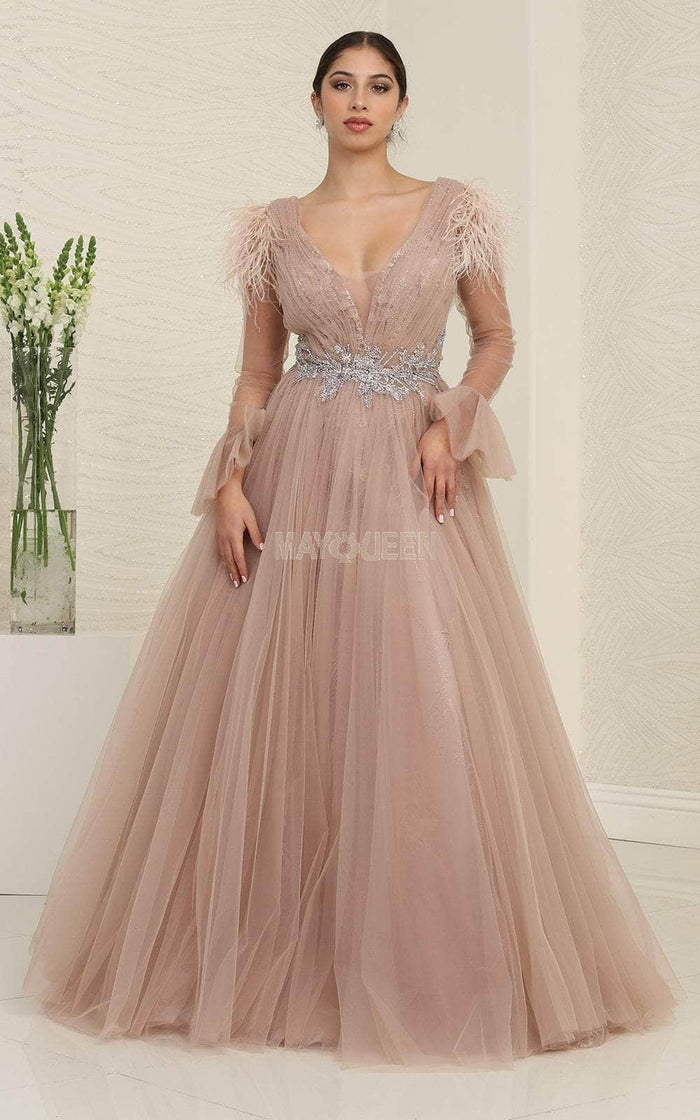 May Queen RQ8096 - Feathered Tulle Evening Dress Special Occasion Dress