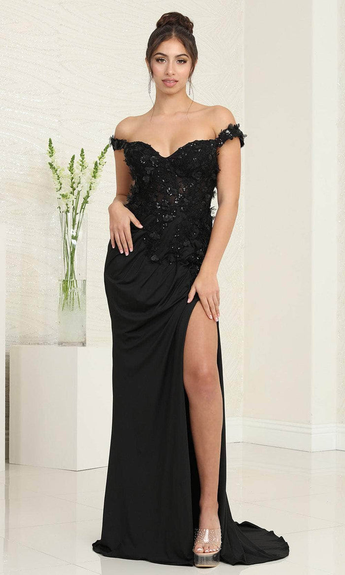 May Queen RQ8110 - Applique Off Shoulder Prom Dress Special Occasion Dress 4 / Black