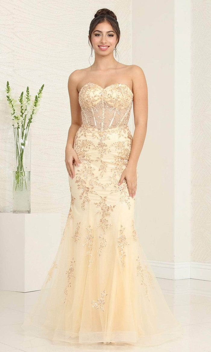 May Queen RQ8118 - Strapless Appliqued Mermaid Prom Gown Evening Dresses 4 / Champagne/Gold