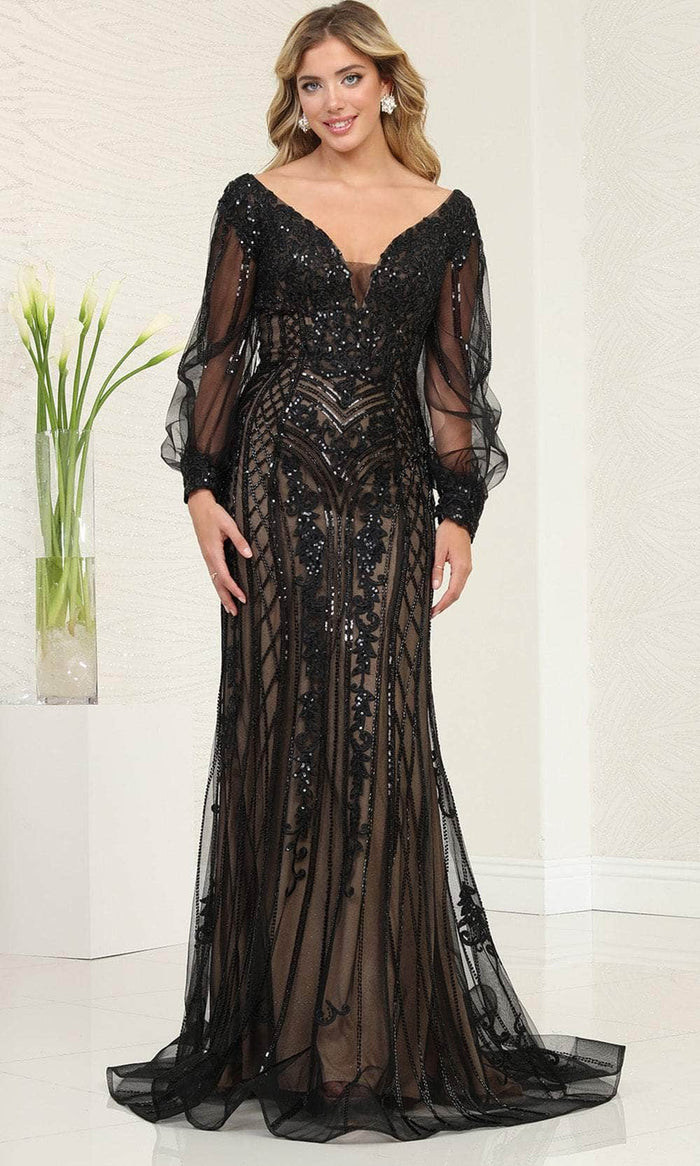 May Queen RQ8125 - Bishop Sleeve Long Gown Special Occasion Dress 6 / Black/Nude