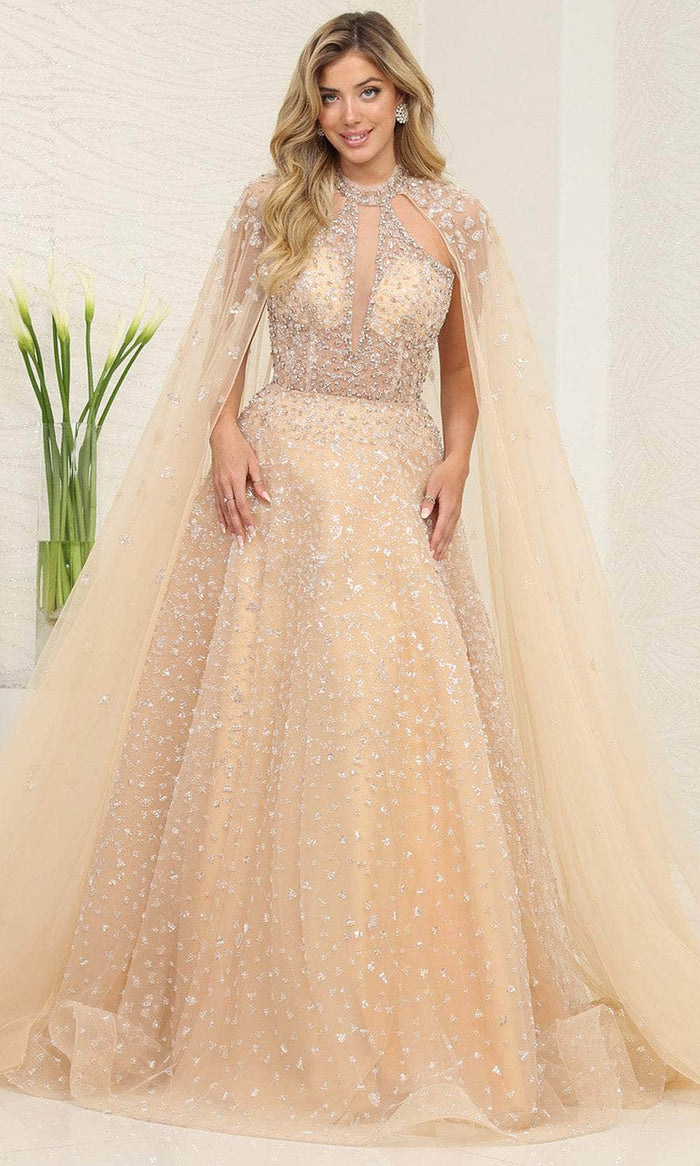 May Queen RQ8133 - Cape High Neck Evening Dress Special Occasion Dress 4 / Champagne