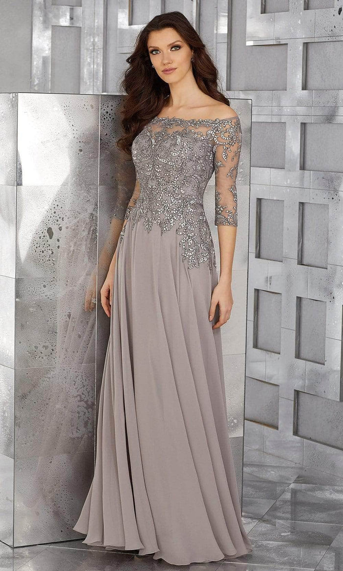 MGNY By Mori Lee 71621 - Beaded Off-Shoulder Chiffon Gown Mother of the Bride Dresses 2 / Pewter