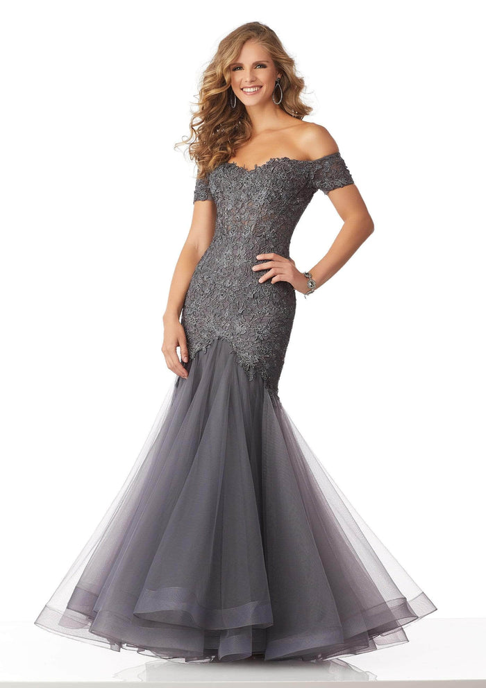 MGNY By Mori Lee 71825 - Lace Appliqued Trumpet Dress Pageant Dresses 0 / Charcoal