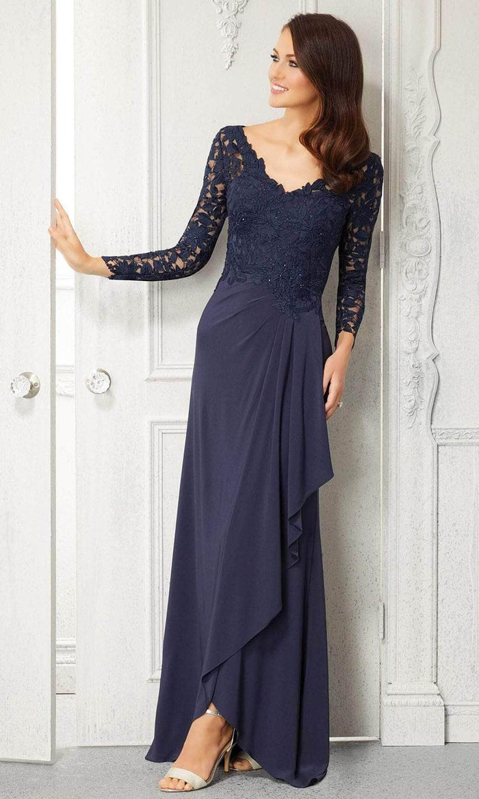 MGNY By Mori Lee 72418SC - Lace Sleeve Sheath Evening Dress Evening Dresses 14 / Navy