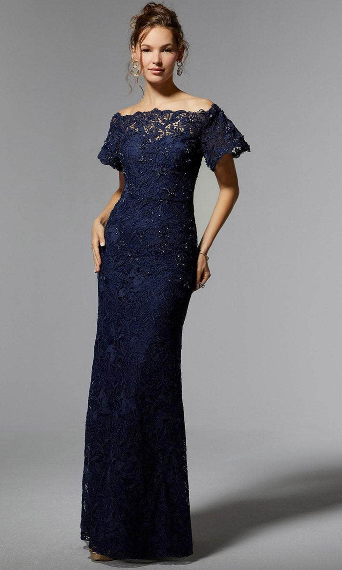 MGNY by Mori Lee 72931SC - Laced Short Sleeve Evening Dress Evening Dresses 12 / Navy