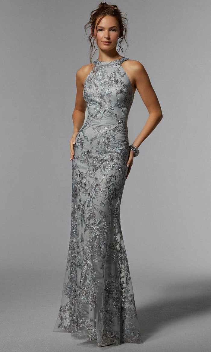 MGNY by Mori Lee 72939SC - Sleeveless Halter Neck Evening Dress Evening Dresses 10 / Silver