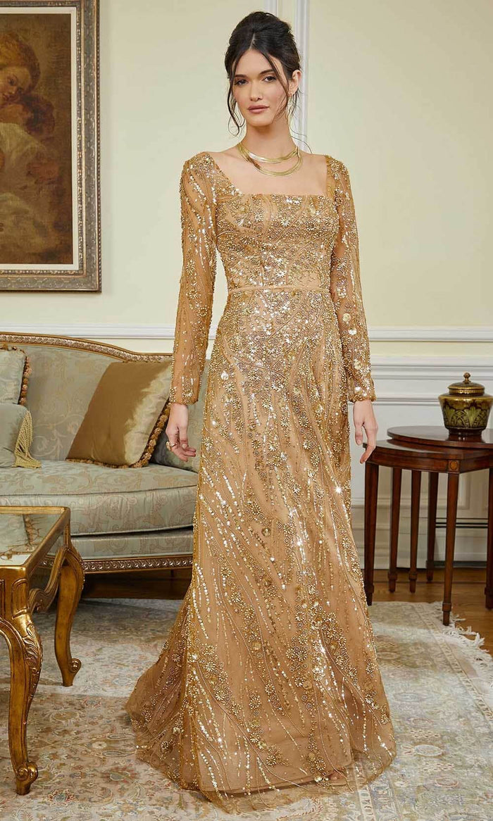 MGNY By Mori Leee 72843 - Bead Embellished Long Sleeve Evening Gown Mother of the Bride Dresses 8 / Gold