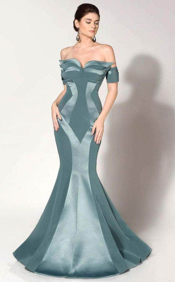 MNM COUTURE 2276 - Off Shoulder Seamed Evening Gown Special Occasion Dress 12 / Grey