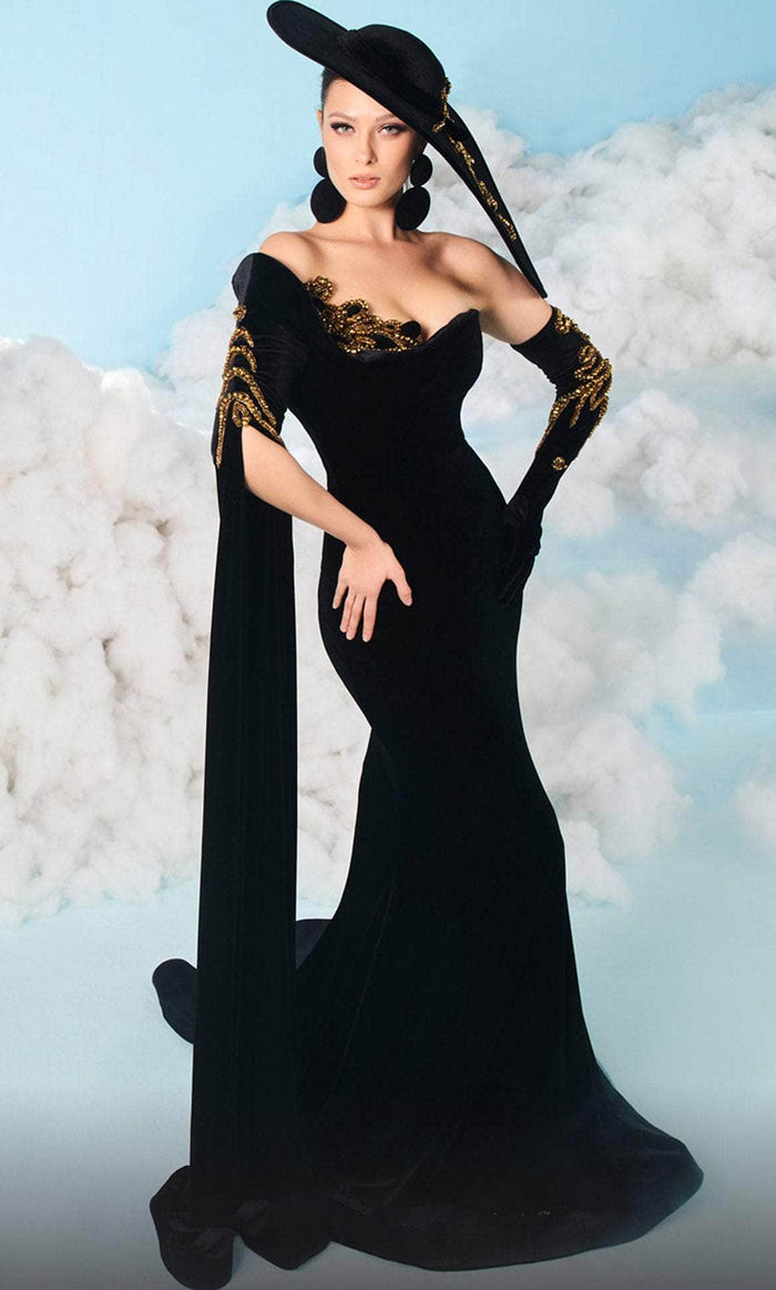 MNM COUTURE 2606 - Split Cape Sleeve Evening Gown Evening Dresses 4 / Black