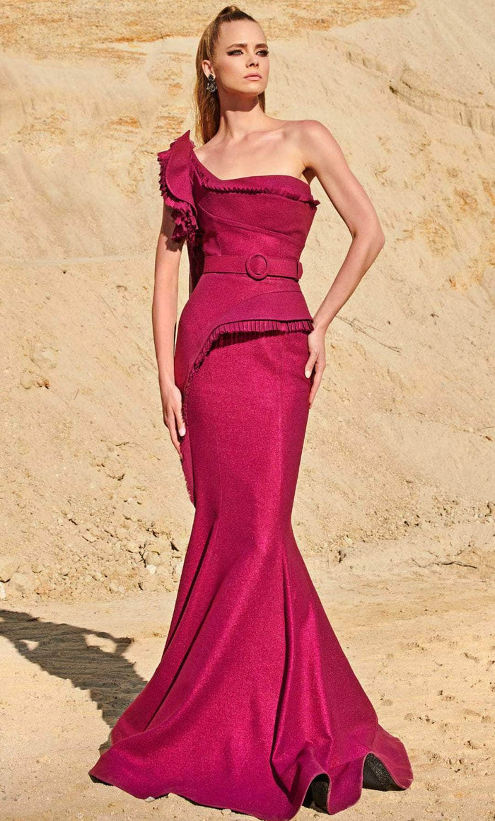 MNM COUTURE 2771 - Pleated One Shoulder Peplum Dress Evening Dresses 4 / Burgundy