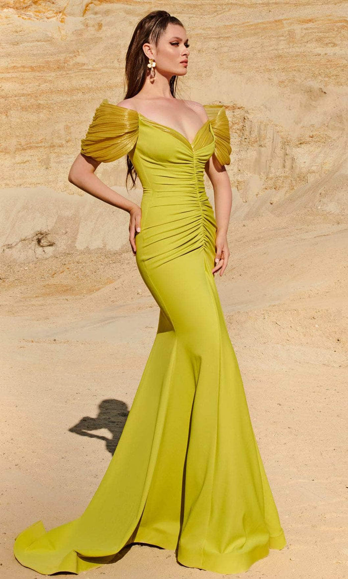 MNM COUTURE 2774 - Mid Body Ruching Trumpet Gown Evening Dresses 4 / Olive