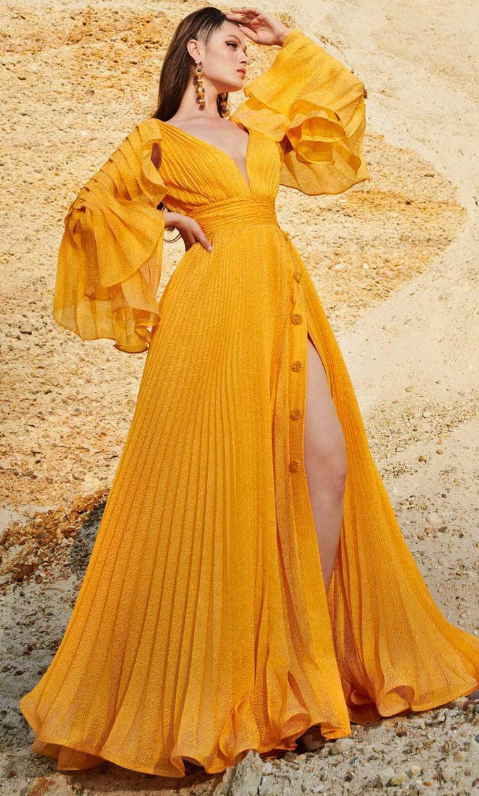 MNM COUTURE 2775 - Pleated A-line V Neck Gown Evening Dresses 4 / Mustard