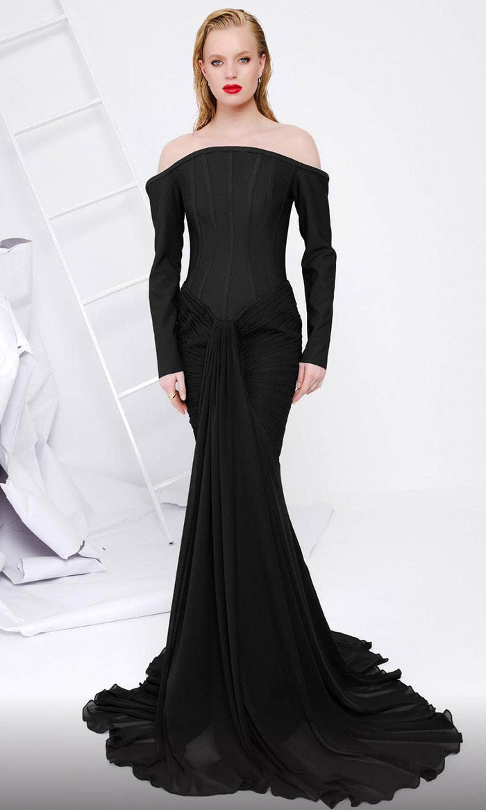 MNM Couture B1112 - Long Sleeve Corset Evening Gown Mother of the Bride Dresses 4 / Black