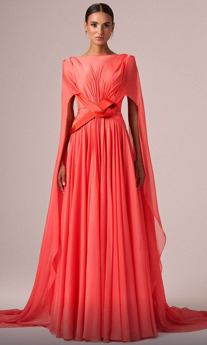 MNM Couture E0061 - Sheer Cascade Evening Gown Mother of the Bride Dresses 4 / Coral