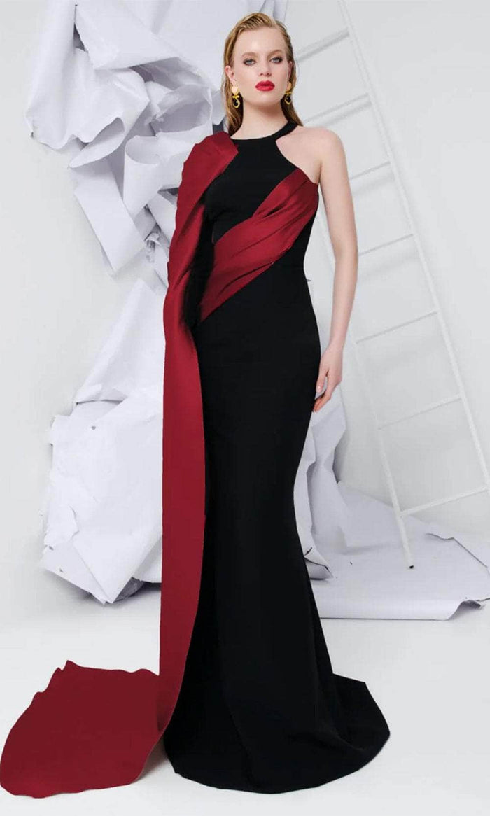 MNM Couture E0072 - One Shoulder Long Cape Evening Gown Evening Dresses 4 / Black/Red