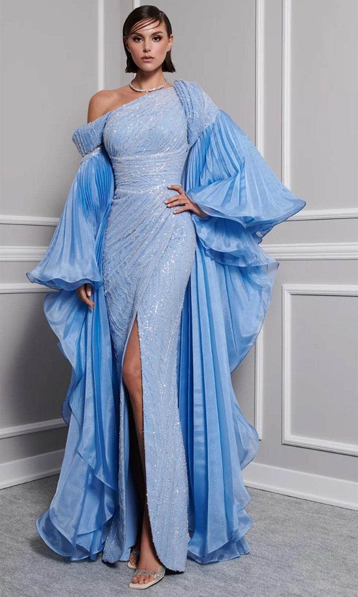 MNM Couture F02816A - Detachable Sleeve Asymmetric Evening Gown Evening Dresses 4 / Blue