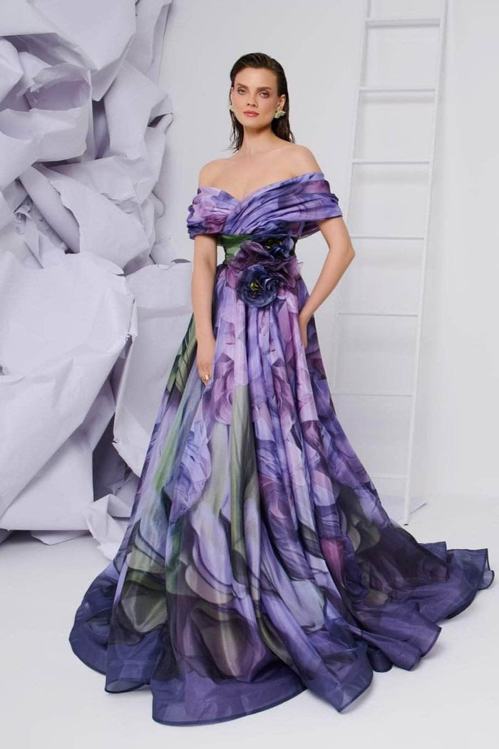 MNM Couture F02855 - Off Shoulder Digital Print Evening Gown Prom Dresses 4 / Lilac