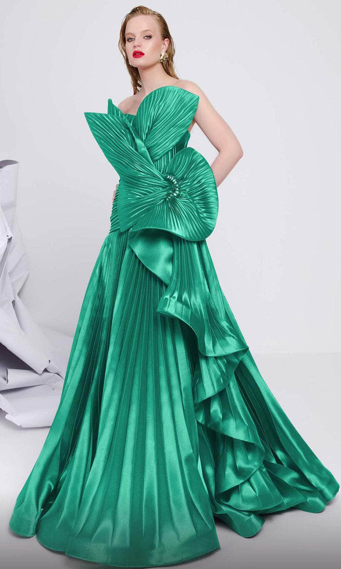 MNM Couture F02867 - Pleated Ribbon Evening Gown Formal Gowns 4 / Aqua