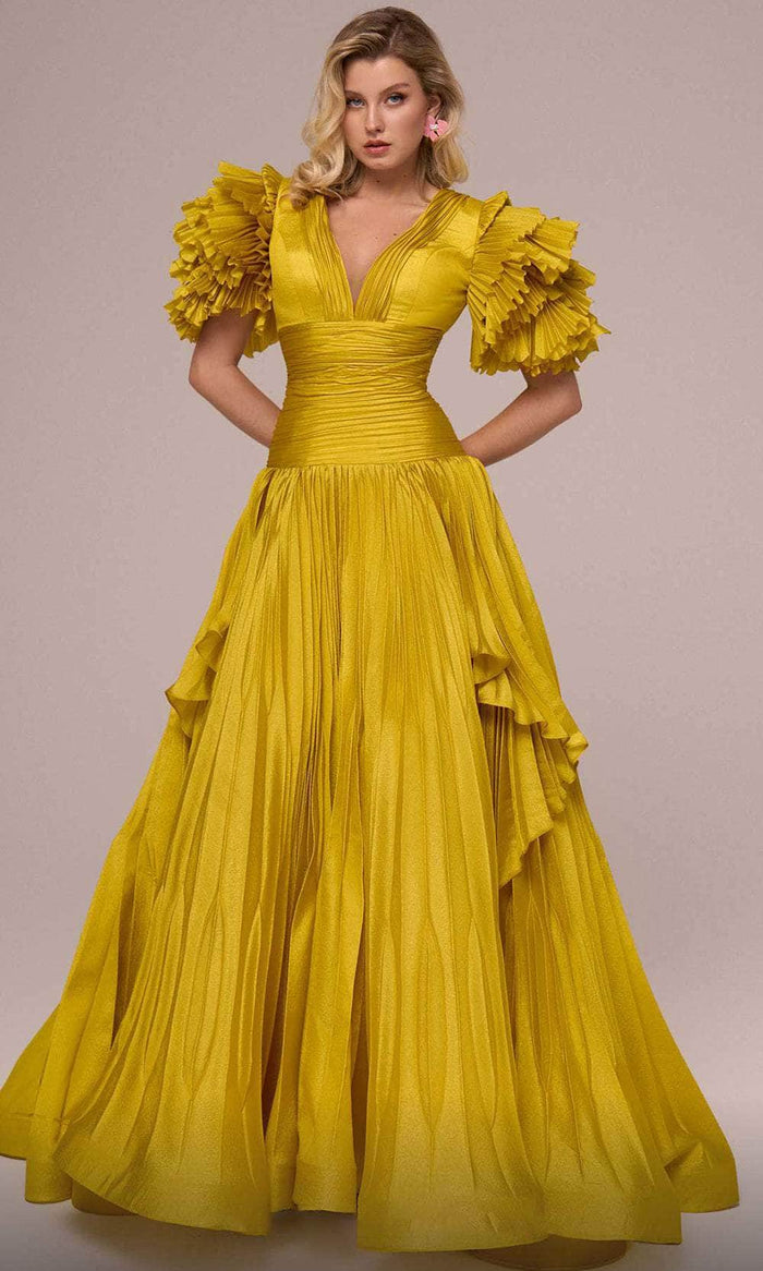 MNM Couture F02885 - Ruffled Sleeve Banded Waist Evening Gown Mother of the Bride Dresses 4 / Mustard