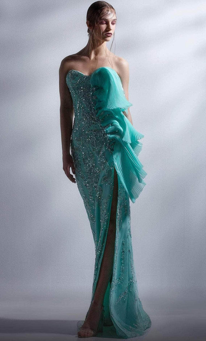 MNM COUTURE G1281 - Beaded Appliqued Prom Gown Evening Dresses 0 / Aqua