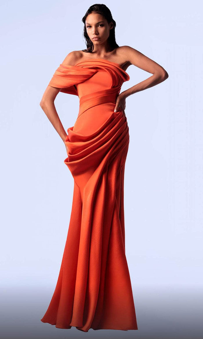 MNM Couture G1710 - Asymmetrical Drape Evening Gown Prom Dresses 0 / Orange