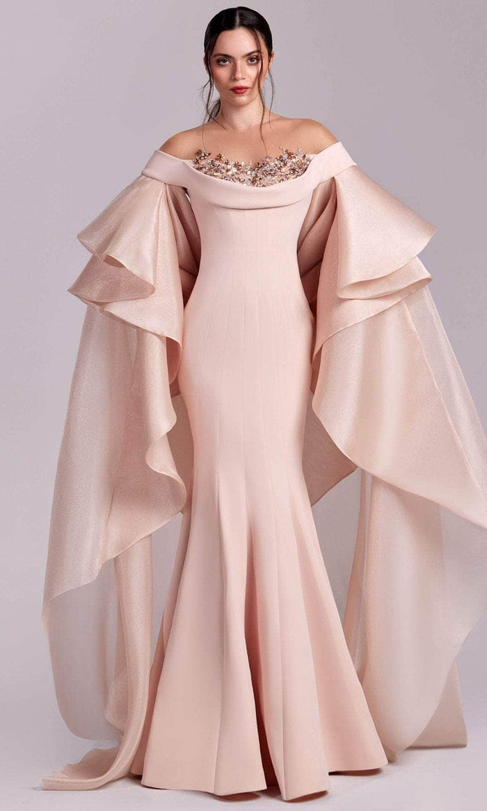 MNM Couture G1814 - Ruffled Cape Sleeve Mermaid Evening Gown Mother Of The Bride Dresses 0 / Salmon