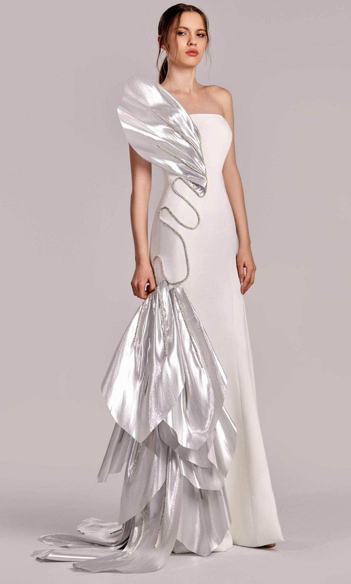 MNM Couture G1824 - Metallic Accent Strapless Evening Gown Evening Dresses 0 / Off White/Silver