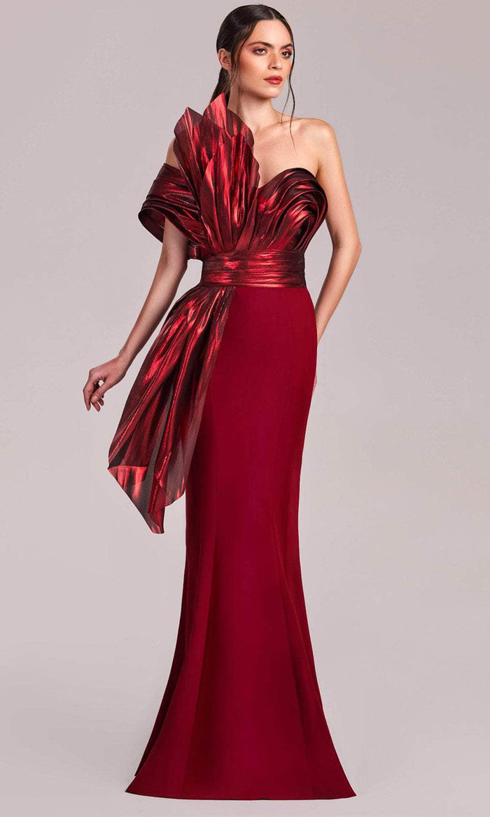 MNM Couture G1832 - Sweetheart Metallic Ruffle Evening Gown Evening Dresses 0 / Burgundy