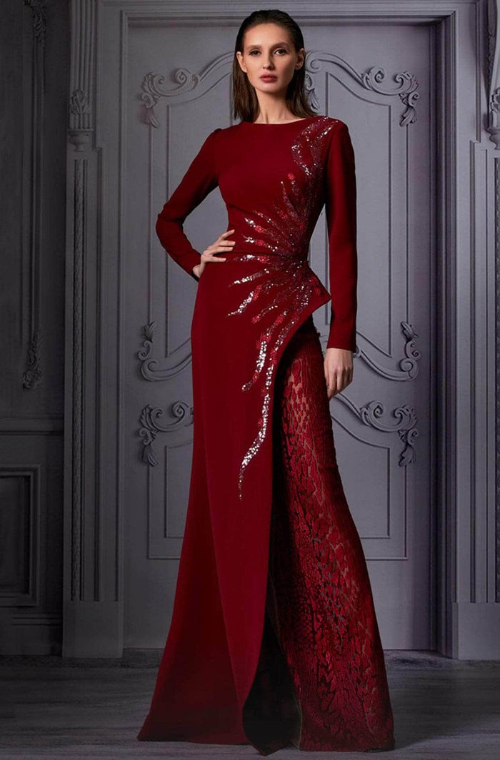 MNM Couture - K3850 Long Sleeve Bateau Neck Gown Evening Dresses 14 / Burgundy