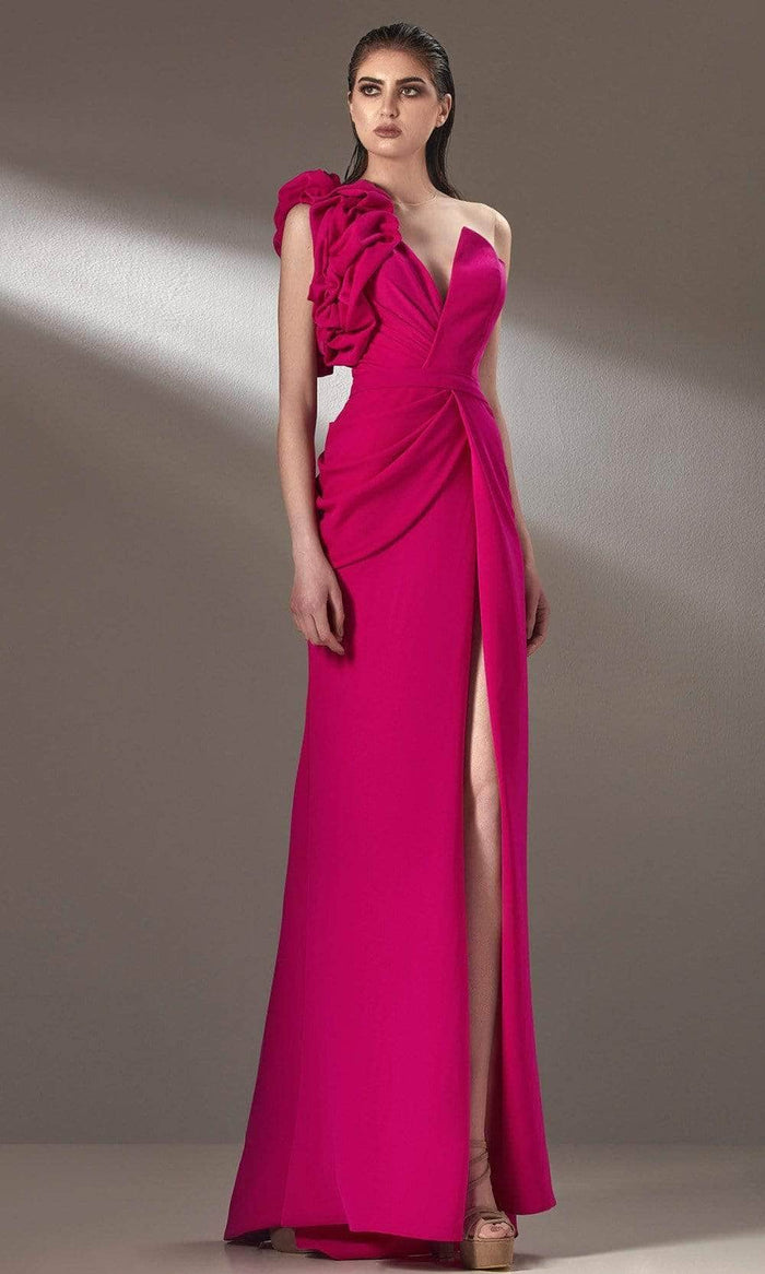 MNM Couture - K3904 One Puff Sleeve Ruched Detail Evening Dress Evening Dresses 16 / Fuchsia