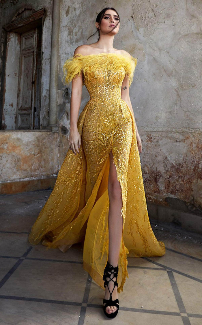 MNM Couture K3942 - Feather Detailed Off Shoulder Evening Dress Prom Dresses 4 / Yellow