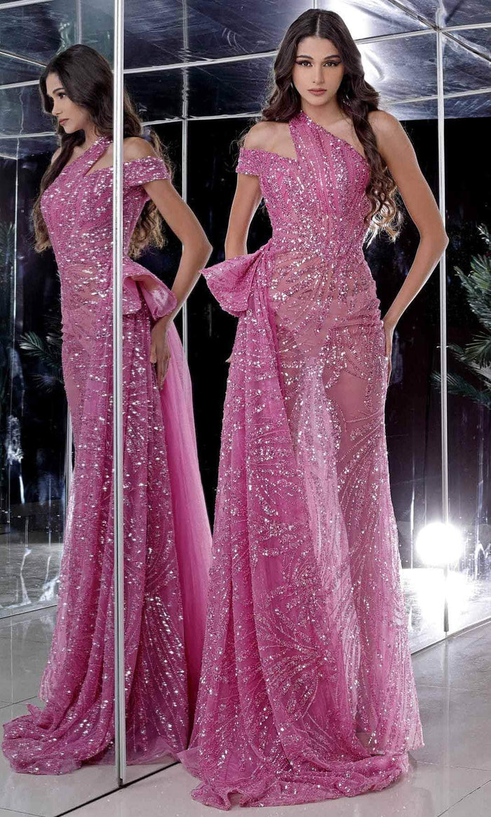 MNM COUTURE K3981 - Sequined Asymmetrical Prom Dress Prom Dresses 0 / Fuchsia