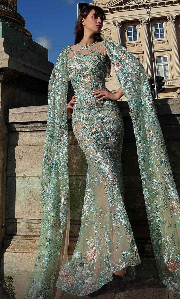 MNM Couture K4016 - Embroidered Full Length Sheath Gown Evening Dresses 0 / Aqua