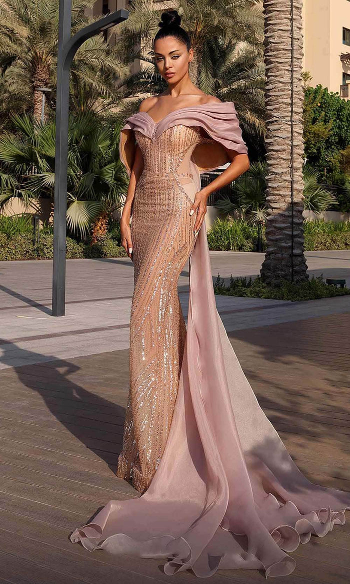 MNM Couture K4138 - Cascading Beaded Evening Dress Evening Dresses 0 / Bronze