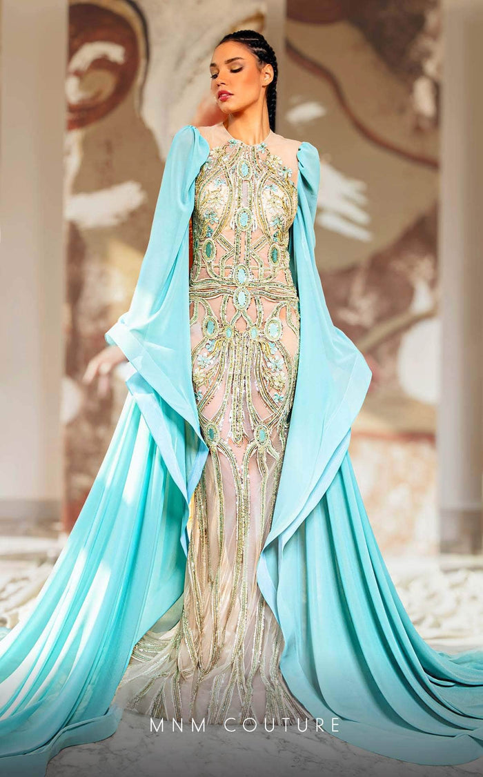 MNM Couture K4169 - Jewel Neck Long Cape Evening Gown Evening Dresses 0 / Aqua