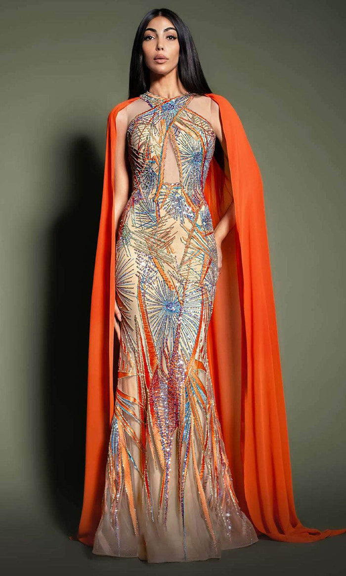 MNM Couture K4186 - Caped Halter Evening Dress Evening Dresses 0 / Orange