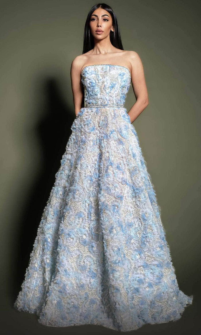 MNM Couture K4197 - Ruffle Detailed Evening Dress Evening Dresses 0 / Blue