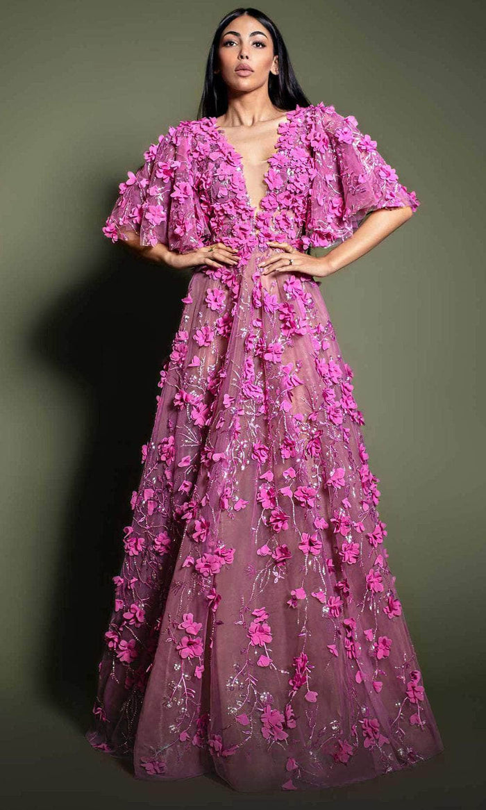 MNM Couture K4198 - Floral Applique Evening Dress Evening Dresses 0 / Fuchsia