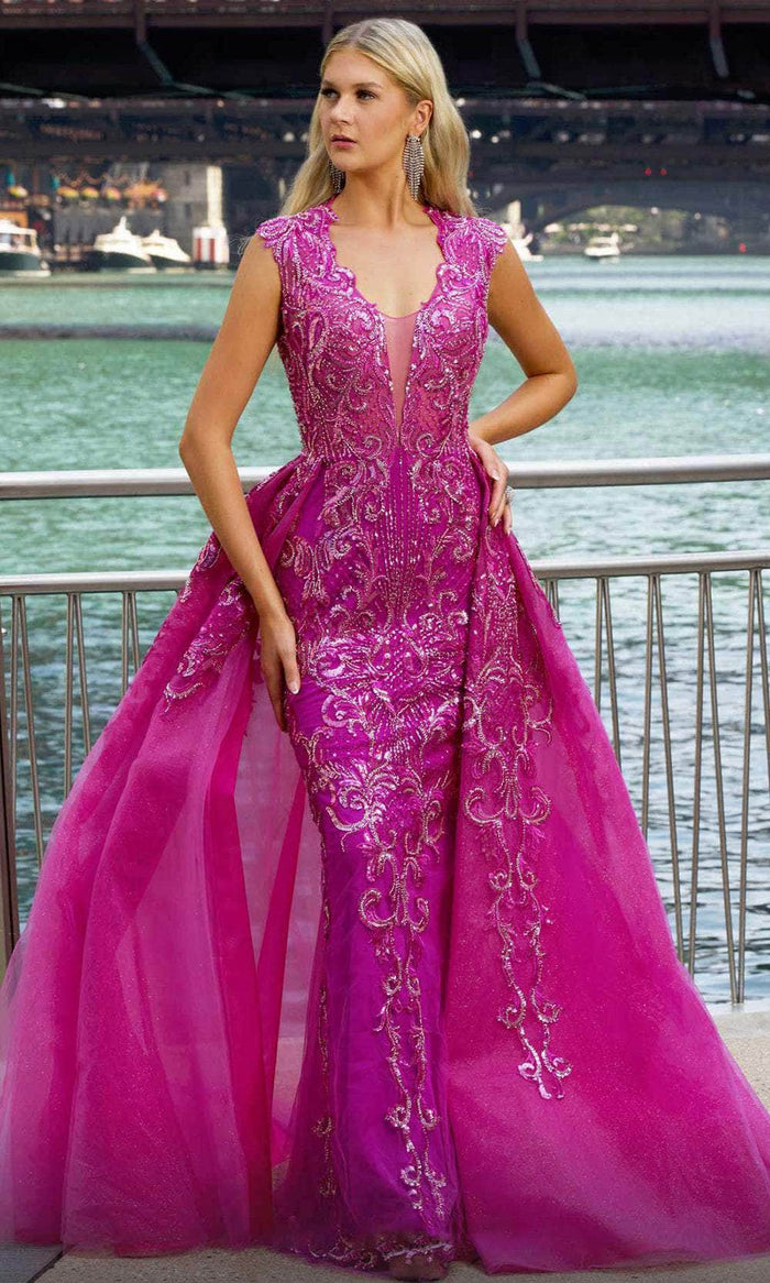 MNM Couture M1117 - Beaded Cap Sleeve Evening Gown Prom Dresses 0 / Purple