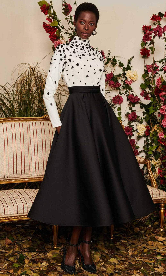 MNM COUTURE N0489 - Long Sleeve Tea Length Dress Holiday Dresses 4 / Black/White