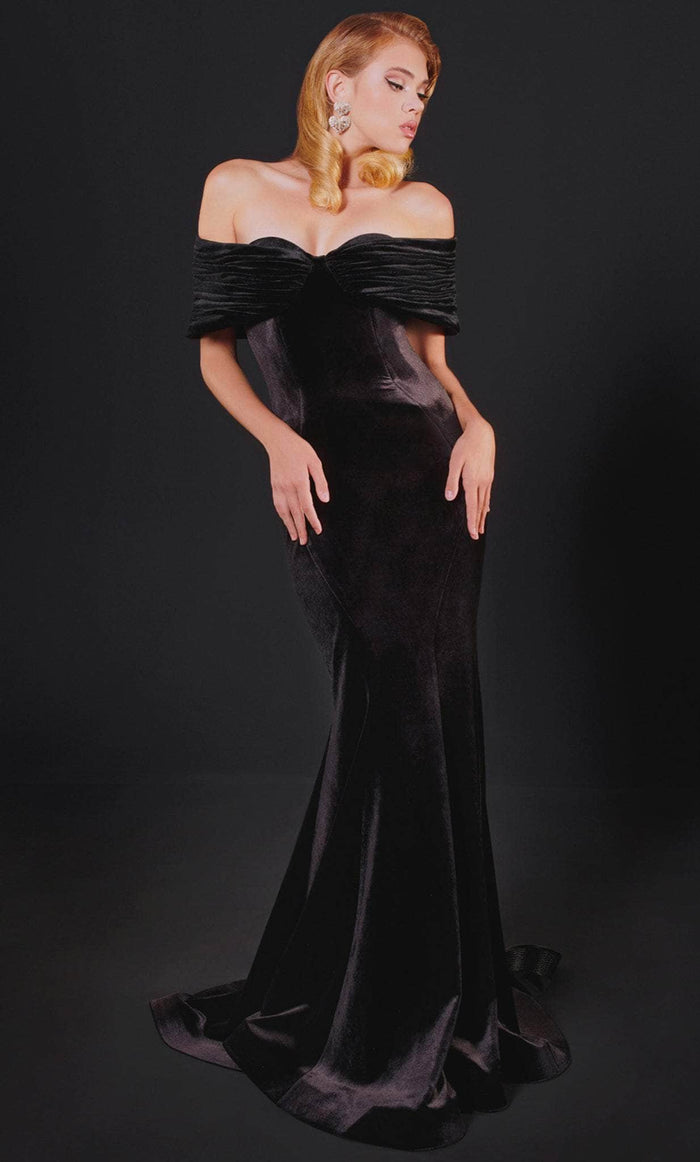 MNM COUTURE N0523 - Ruched Off Shoulder Evening Gown Special Occasion Dress 4 / Black