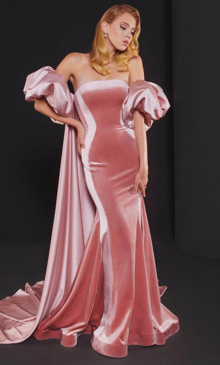 MNM COUTURE N0526 - Velvet Strapless Evening Gown With Cape Special Occasion Dress 4 / Peach