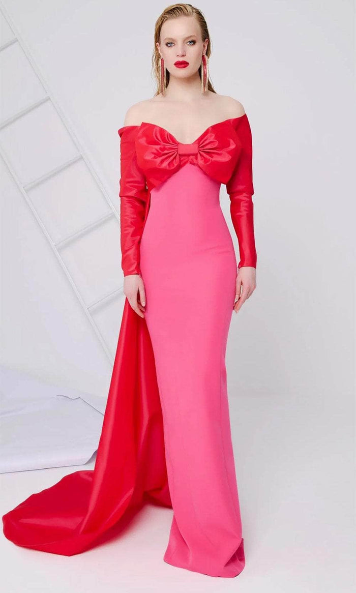 MNM Couture N0565A - Bow Bodice Long Sleeve Evening Gown Evening Dresses 0 / Fuchsia