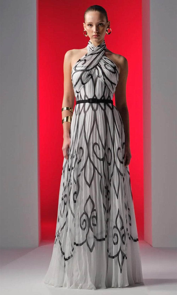 MNM Couture N0614 - Crisscross Halter Pleated Evening Gown Evening Dresses 4 / Black/White