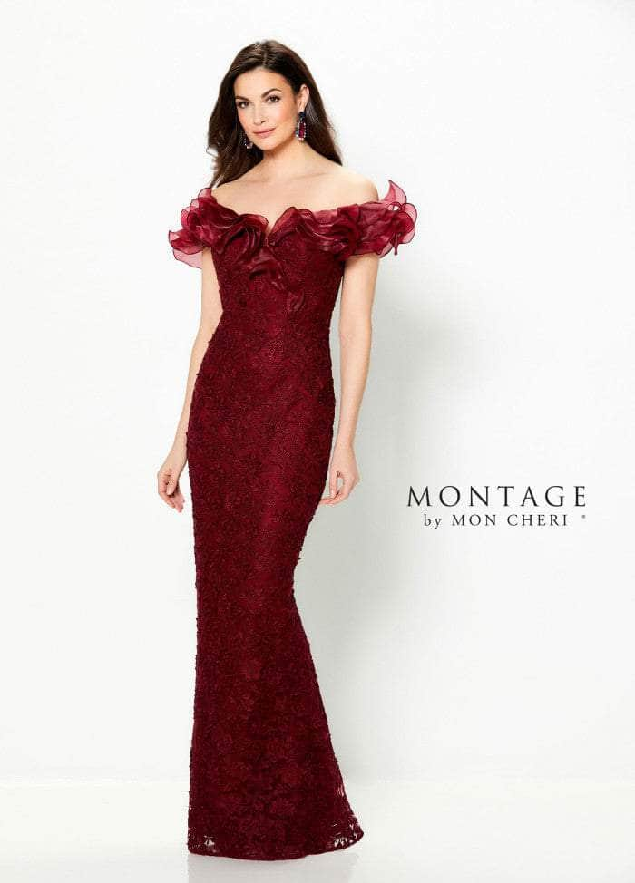 Mon Cheri - Ruffled Off-Shoulder Sheath Evening Gown 119931 Mother of the Bride Dresses 6 / Cranberry