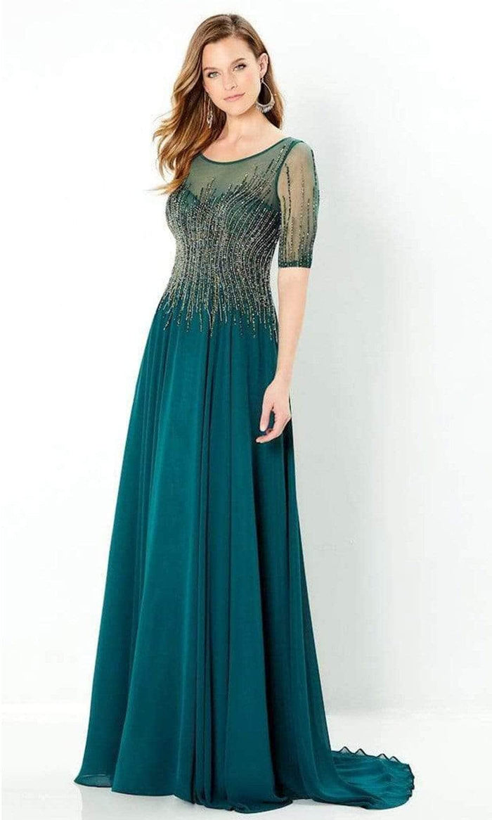 Montage by Mon Cheri - 220939 Jewel Neck Beaded Illusion Bodice Mother of the Bride Gown Evening Dresses 14 / Dark Green