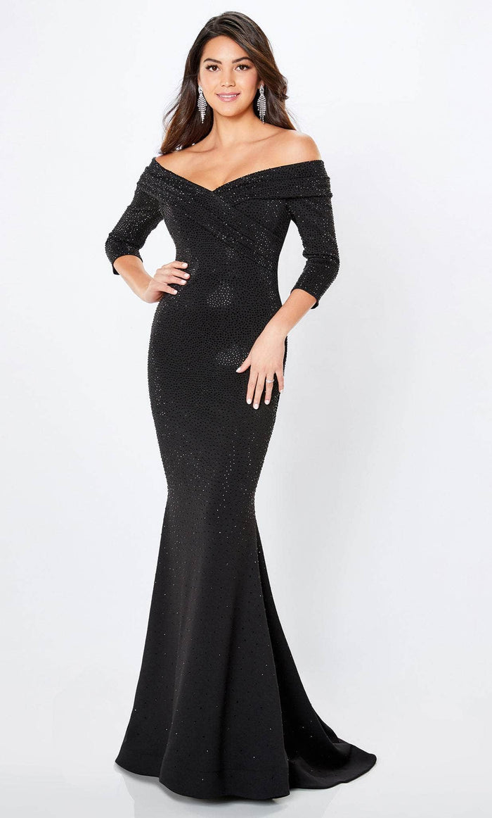 Montage by Mon Cheri 221970S - Embellished Off Shoulder Evening Gown Mother of the Bride Dresses 4 / Black